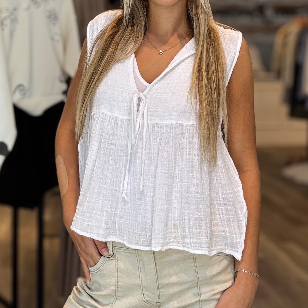White Gauze Tie-Front Top